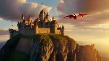 A Fantasy-inspired Castle Perched On A Dramatic Cliff As The Sun Sets And A Red Dragon Flies Nearby, Evoking A Storybook Adventure.