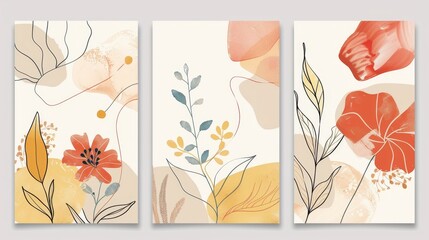 Wall Mural - wall art modern of a mid century modern triptych with floral foliage, flowers and organic shapes han