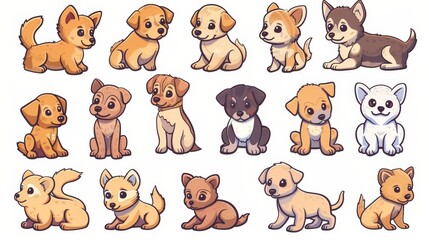 Poster - Doodle set of cute dogs. Cartoon characters in different poses with flat colors. White background with funny pet animals.