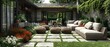 Outdoor patio with flowers grass hedges and seating area amidst landscaping. Concept Outdoor Patio, Flower Garden, Grass Hedges, Seating Area, Landscaping
