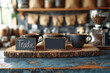 mugs with coffee and fresh coffee beans, on a warm background with burlap fabric. 