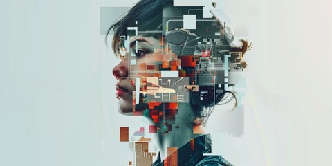 Wall Mural - Futuristic profile of a woman overlaid with digital elements