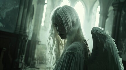 Beautiful sad fallen angel with white hair and wings at old chapel. Pretty girl in mysterious costume. Unhappy female fairy. Attractive model. Gloomy dim light.