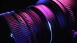Detailed view of a lens illuminated by black light