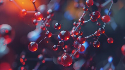 Stylized molecular structure model with a colorful bokeh background