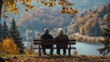 elderly couple with warm love Sit and admire the nature view. in the park Surrounded by nature in winter, reflecting the love of retirement for the elderly.