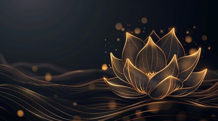 Poster - Linearts of golden lotuses on a dark background. Luxury gold wallpaper design for prints, banners, fabrics and posters.