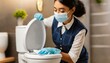 Young chambermaid with medical mask cleaning toilet bowl in bathroom 