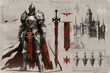 Character sheet concept image for a futuristic knight, with detailed armor, heraldry, and a castle backdrophyper realistic, low noise, low texture, futuristic style