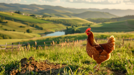 Lone hen foraging in a picturesque rural setting, with rolling hills and a serene pond in the distance, offering plenty of space for text overlay