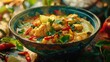 A colorful bowl of traditional Thai curry, with creamy coconut milk, spicy red or green curry paste, tender chicken or tofu,