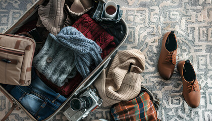 Wall Mural - Open suitcase with travelling accessories and winter clothes on carpet, top view