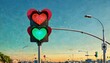 Evocative image of heart-shaped traffic signals with a backdrop of a sunset-tinted urban horizon, symbolizing love in the city. AI generation