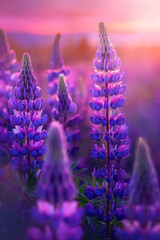 Wall Mural - Purple lupines bloom on a field in sunset light.