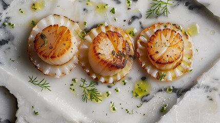 Wall Mural - Seared scallops on a marbled surface with fresh herb garnish