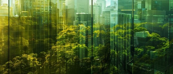 Poster - The city is covered in lush green forests and has skyscraper windows that look out on lush greenery.