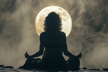 In the profound stillness of the night, a person's silhouette is captured in meditation pose against the backdrop of a captivating full moon eclipse.