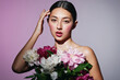 portrait woman model make-up style beauty pink blush flower face girl