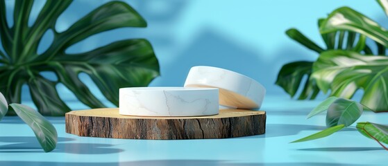 Leinwandbilder - A concept scene of two cosmetic product podiums on a neutral blue background. A modern minimalist product display is displayed on a wood slice podium and a green leaf.