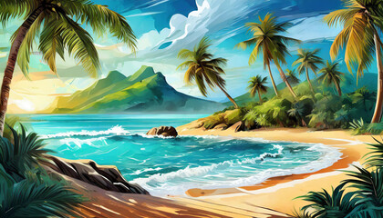 Wall Mural - Vibrant illustration of a tropical paradise with sandy beach, palm trees and turquoise water.