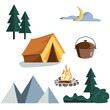 © G_co5 - Vector image of attributes for a camping trip. Tent, fire, pot, plants, night moon.