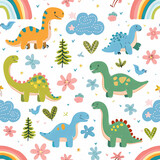 Fototapeta Dinusie - A playful and vibrant pattern featuring cute dinosaurs, rainbows, and nature elements for children's designs.

