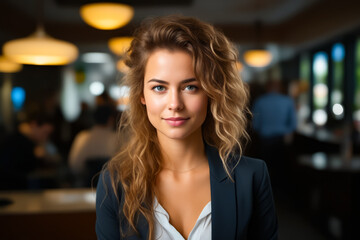 Wall Mural - Woman with long hair and black jacket is smiling.