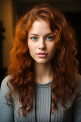 Poster - Woman with red hair and blue eyes is looking at the camera.