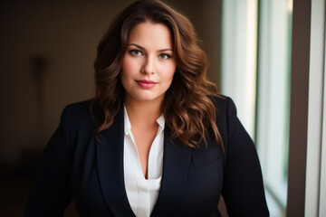 Poster - Woman in black suit and white shirt posing for picture.