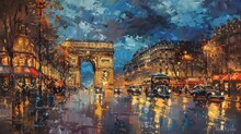 Panoramic Oil Painting Of Bustling City Center With Vibrant Energy And Iconic Landmarks.