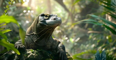 Poster - Majestic Komodo dragon poised in its natural habitat, amidst lush greenery, with soft focus background