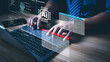 © PRIM - Man using laptop with technology AI to help and support work for chatbot, chat ai, generate image, write code, and data analysis using technology smart robot AI, Artificial Intelligence technology.