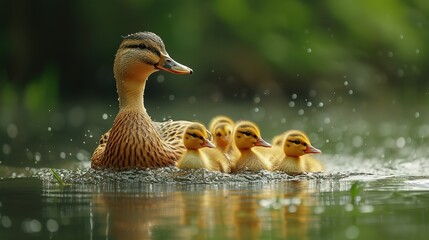 Wild Mother duck with her ducklings on the water 