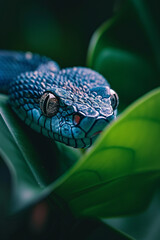 Poster - Blue snake with yellow and black markings is peering out from behind green leaf.