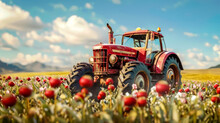 Vintage Tractor In Blossoming Apple Orchard