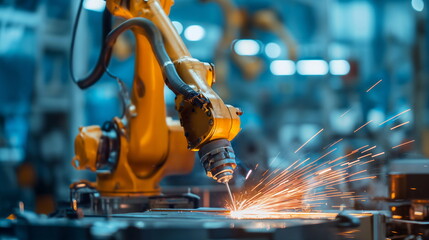 Wall Mural - Welding robotics automatic arms machine in factory automotive industrial. Blurred digital manufacturing operation. Automated Robotic Conveyor Line
