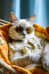 Sticker - White cat with sunglasses on and blanket over it.