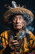 A man in native clothing smoking a pipe.