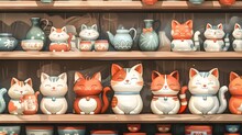Beckoning Maneki Neko Figurines On Wooden Shelves Japanese Good Luck Symbols And Decorative Elements In A Retail Shop Setting