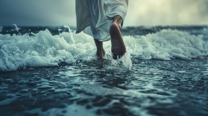 Wall Mural - Jesus walks on water across the sea during a storm. Biblical theme concept.