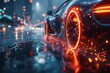 Hyper-detailed close-up of a car racing wheel, its dark surface covered in spots. The wheel spins rapidly, reminiscent of an animated GIF. Cyberpunk city lights bleed into the background,