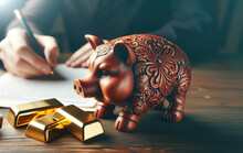 Photo Of A Man Signing Banking Documents, Next To A Wooden Piggy Bank And Some Gold Ingots, Illustrating The Concept Of Savings, Businesses, And Banks