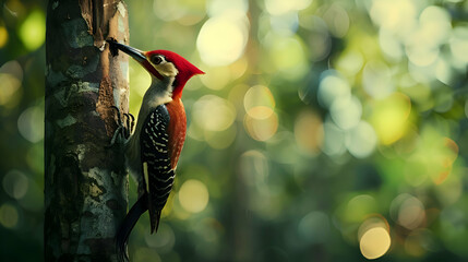 Majestic woodpecker perched on a tree trunk, pecking with determination, with blurred forest backdrop