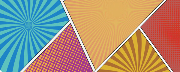 Aufkleber - Comic page book colorful template. Colorful comic book background.Blank white speech bubbles of different shapes. Rays, radial, halftone, dotted effects.