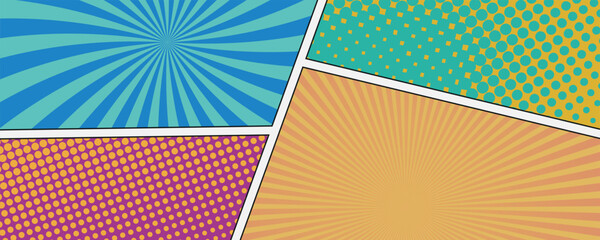 Aufkleber - Comic page book colorful template. Colorful comic book background.Blank white speech bubbles of different shapes. Rays, radial, halftone, dotted effects.