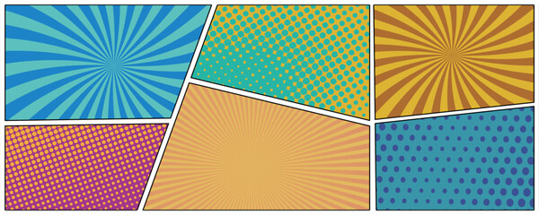 Aufkleber - Comic page book colorful template. Colorful comic book background.Blank white speech bubbles of different shapes. Rays, radial, halftone, dotted effects.