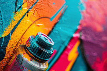 Wall Mural - A spray can with a blue cap is sitting on a wall with a colorful background