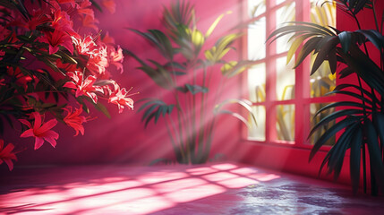 Sticker - Abstract pink color gradient studio background for product presentation. Empty room with shadows of window and flowers and palm leaves . 3d room with copy space. Summer concert. Blurred backdrop.