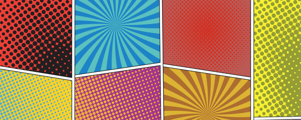 Aufkleber - Colorful comic book background.Blank white speech bubbles of different shapes. Rays, radial, halftone, dotted effects.