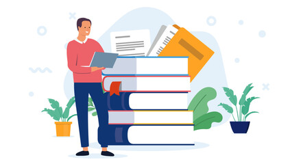 Leinwandbilder - Self development student and books - Man with laptop computer standing doing course or school work. Education and knowledge concept in flat design vector illustration with white background